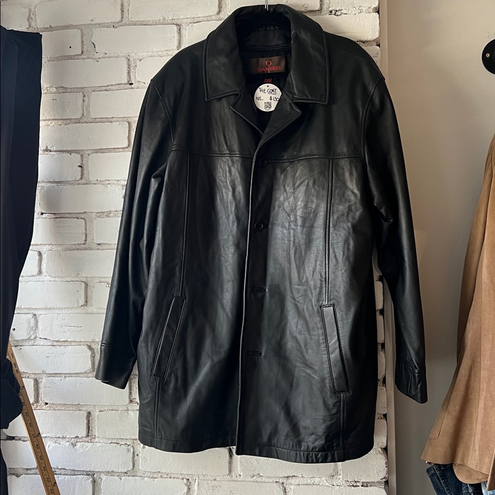 Men's black leather Coat with inner lining shirt jacket button down soft leather